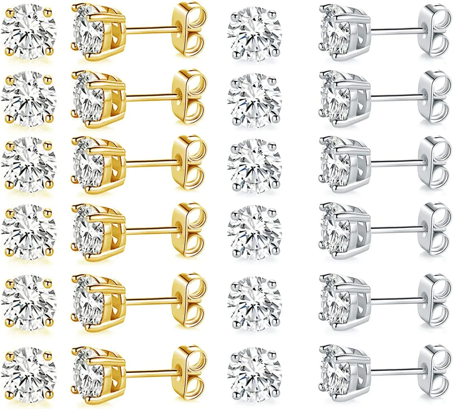 18K White Gold Plated 3-8mm Round Cubic Zirconia Stud Earring Pack of 6 Pairs