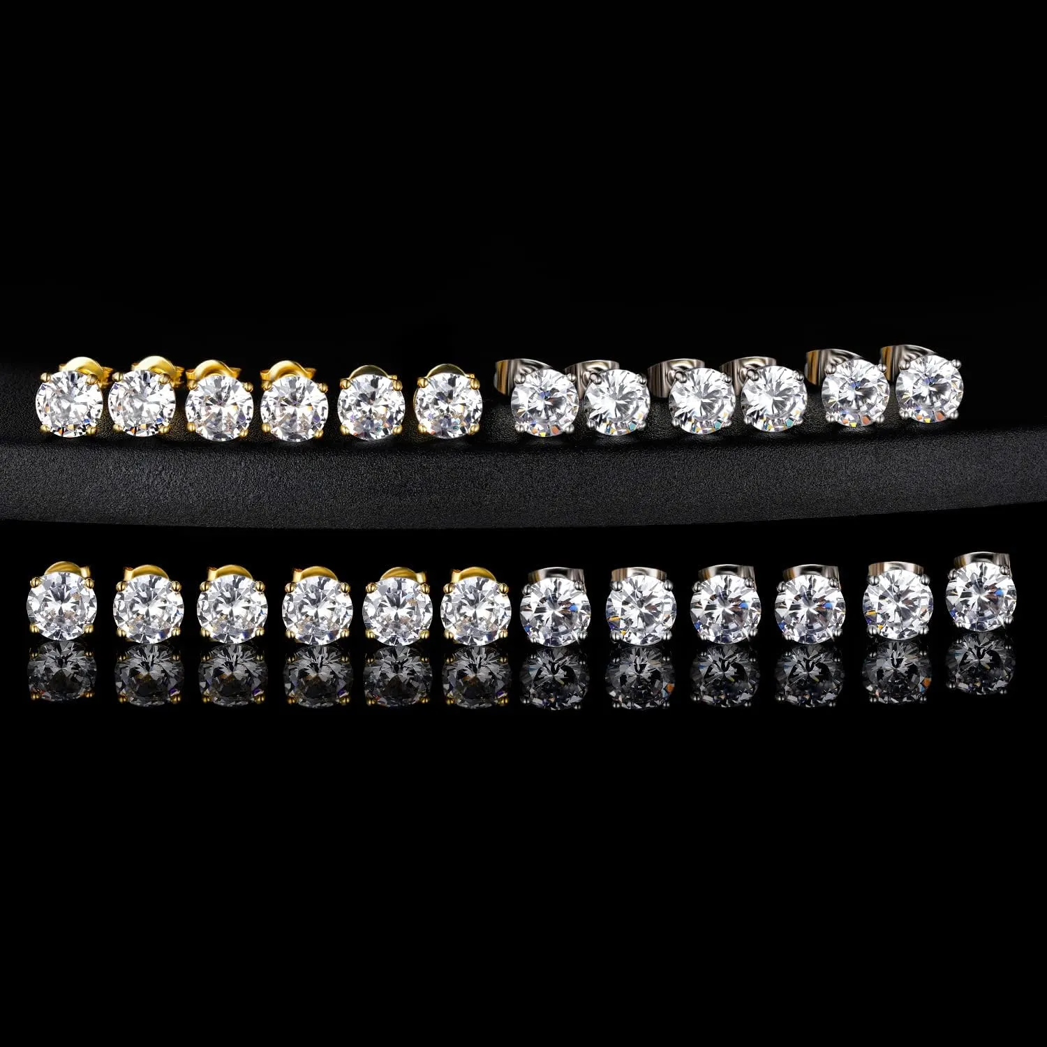 18K White Gold Plated 3-8mm Round Cubic Zirconia Stud Earring Pack of 6 Pairs