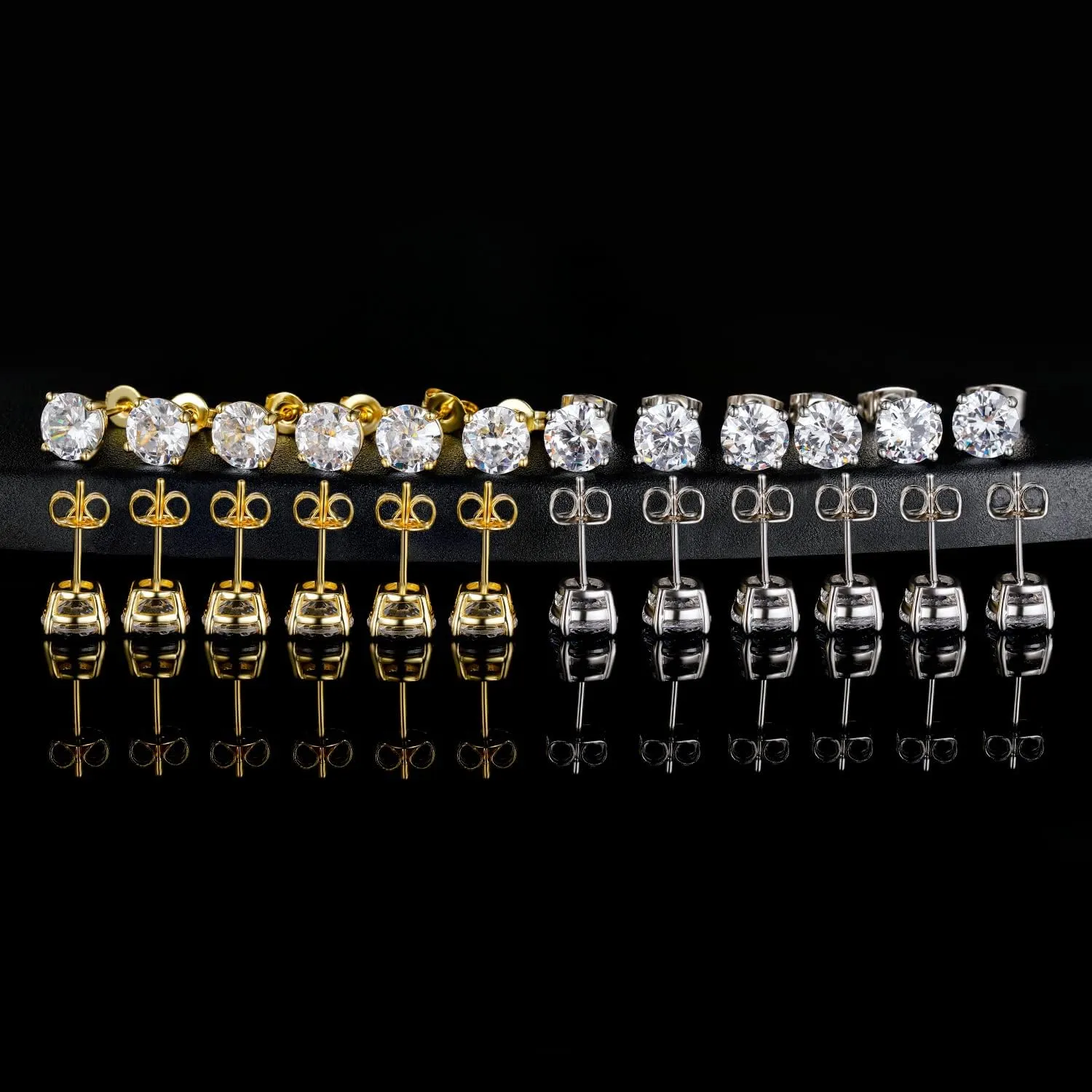 18K White Gold Plated 3-8mm Round Cubic Zirconia Stud Earring Pack of 6 Pairs