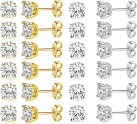 18K White Gold Plated 3-8mm Round Cubic Zirconia Stud Earring Pack of 6 Pairs
