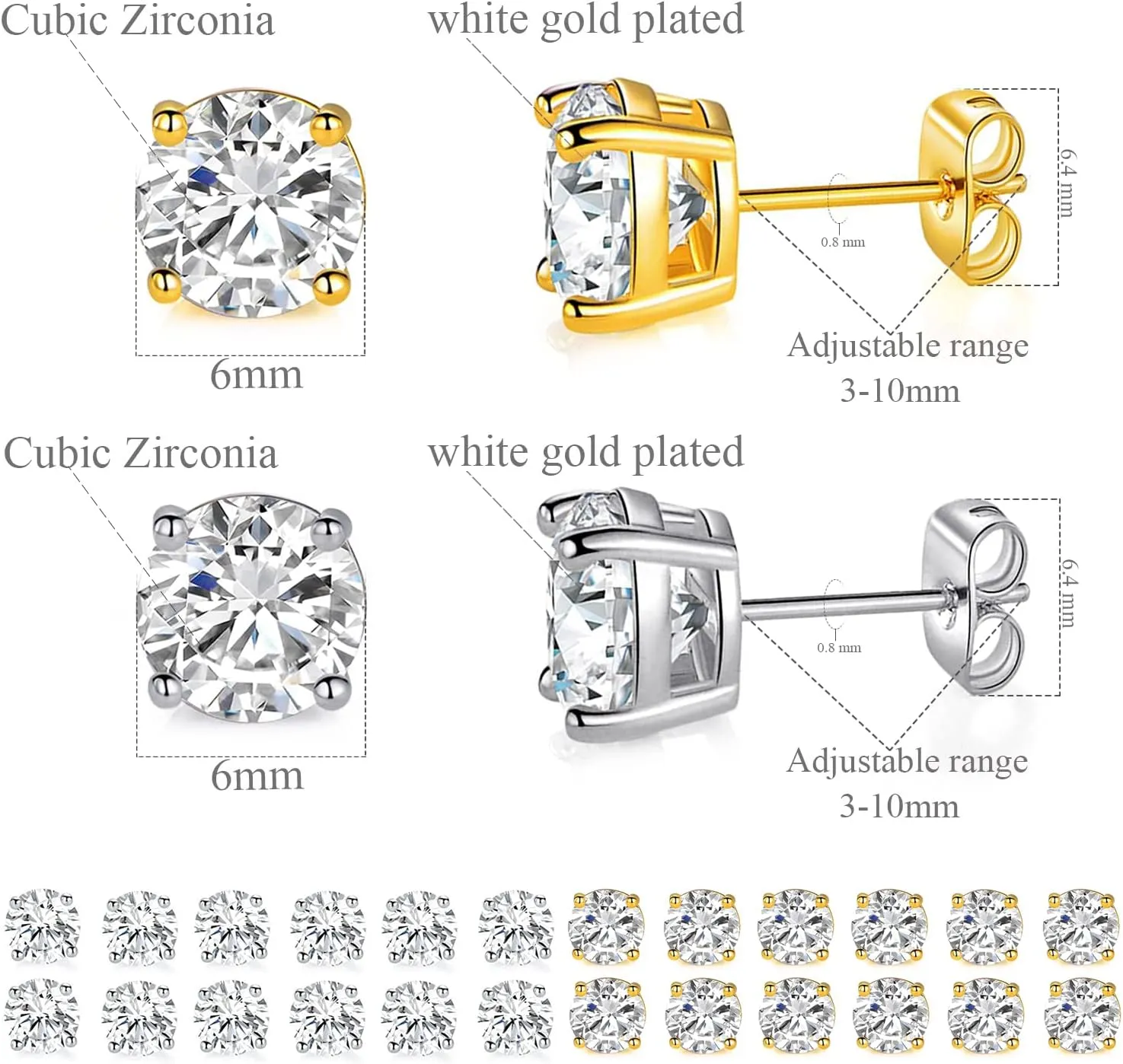 18K White Gold Plated 3-8mm Round Cubic Zirconia Stud Earring Pack of 6 Pairs
