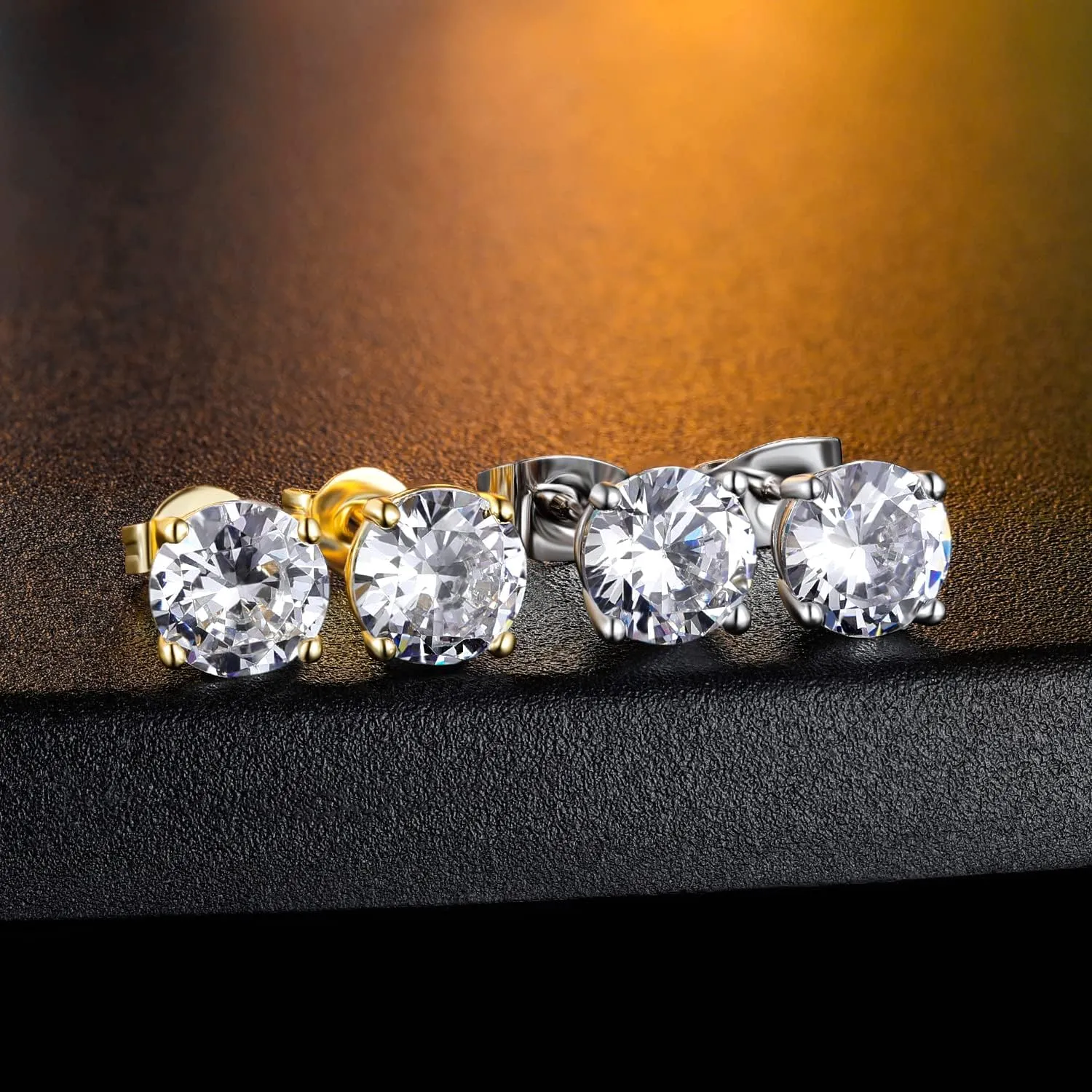 18K White Gold Plated 3-8mm Round Cubic Zirconia Stud Earring Pack of 6 Pairs