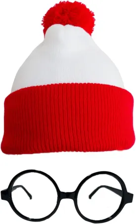 2 Pieces Red White Beanies Halloween Costume Hat with Pom Poms Women Men Beanies Hat with Glasses for Adult Christmas Halloween Party