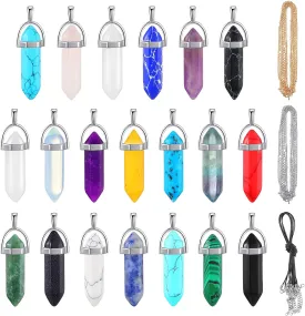 20 Pieces Crystal Necklaces, Include 20 Pieces Hexagonal Pointed Chakra Pendant Bullet Shape Quartz Crystal Natural Hexagon Stone Crystal Pendant and 20 Pieces Black Leather Silver Gold Alloy Chain