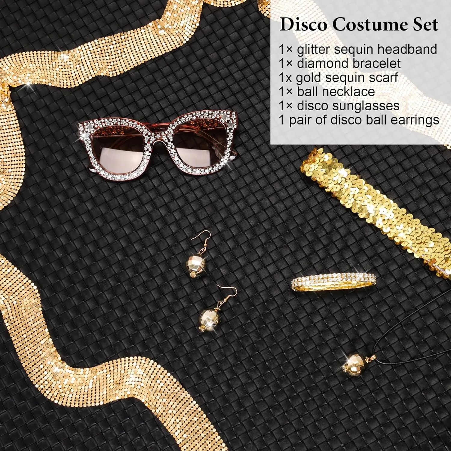 6 Pcs 70s Women Disco Accessories Disco Costume Disco Sequin Scarf Headband Diamond Bracelet Ball Necklace Earring Glasses