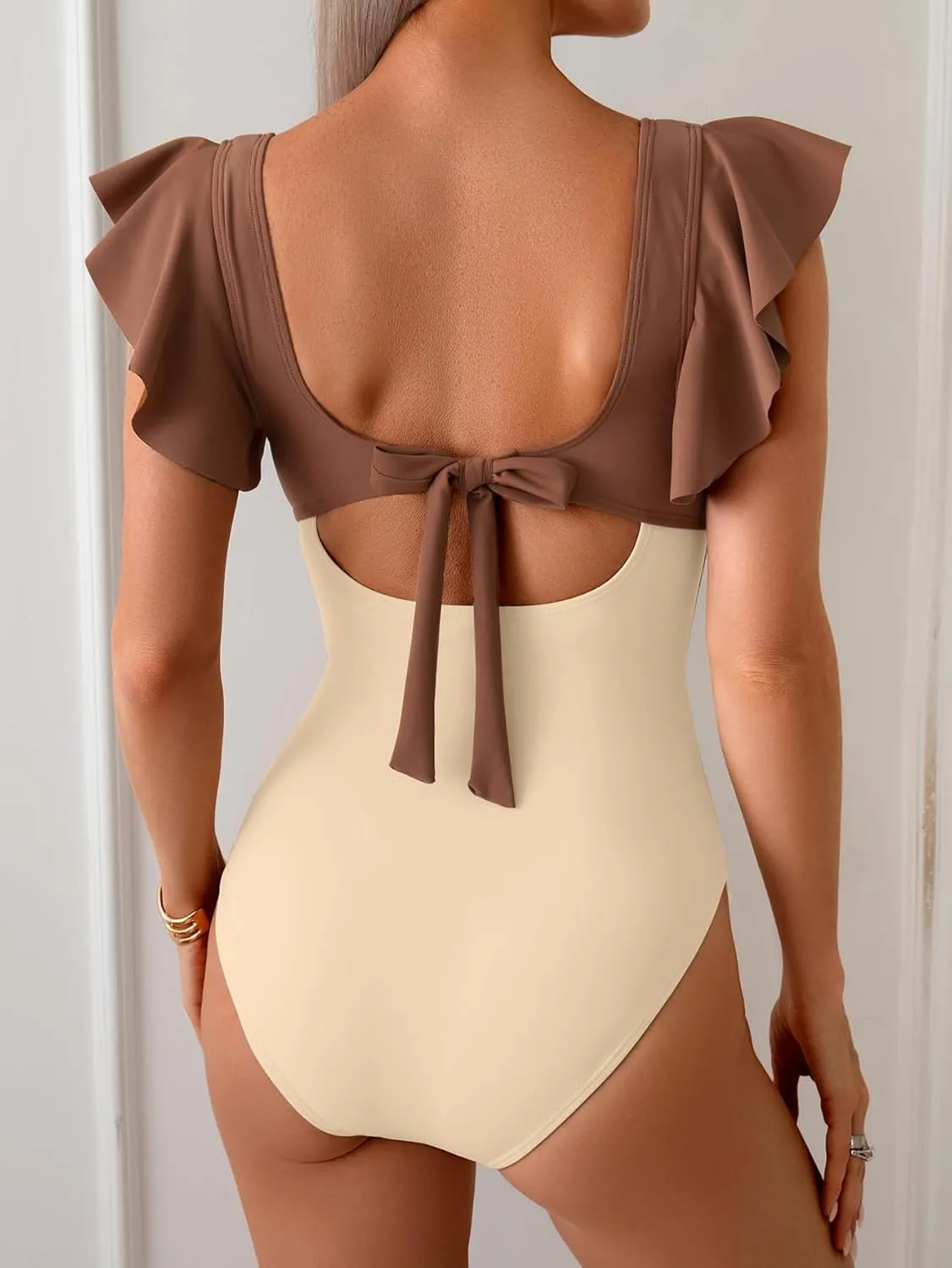 B2prity Women's One Piece Swimsuit Ruffle Sleeve Cut Out Bathing Suit Tie Back High Waisted Swim Suit