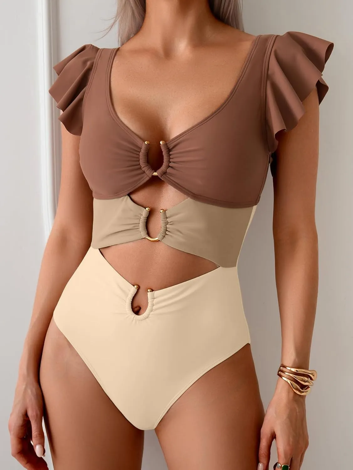 B2prity Women's One Piece Swimsuit Ruffle Sleeve Cut Out Bathing Suit Tie Back High Waisted Swim Suit
