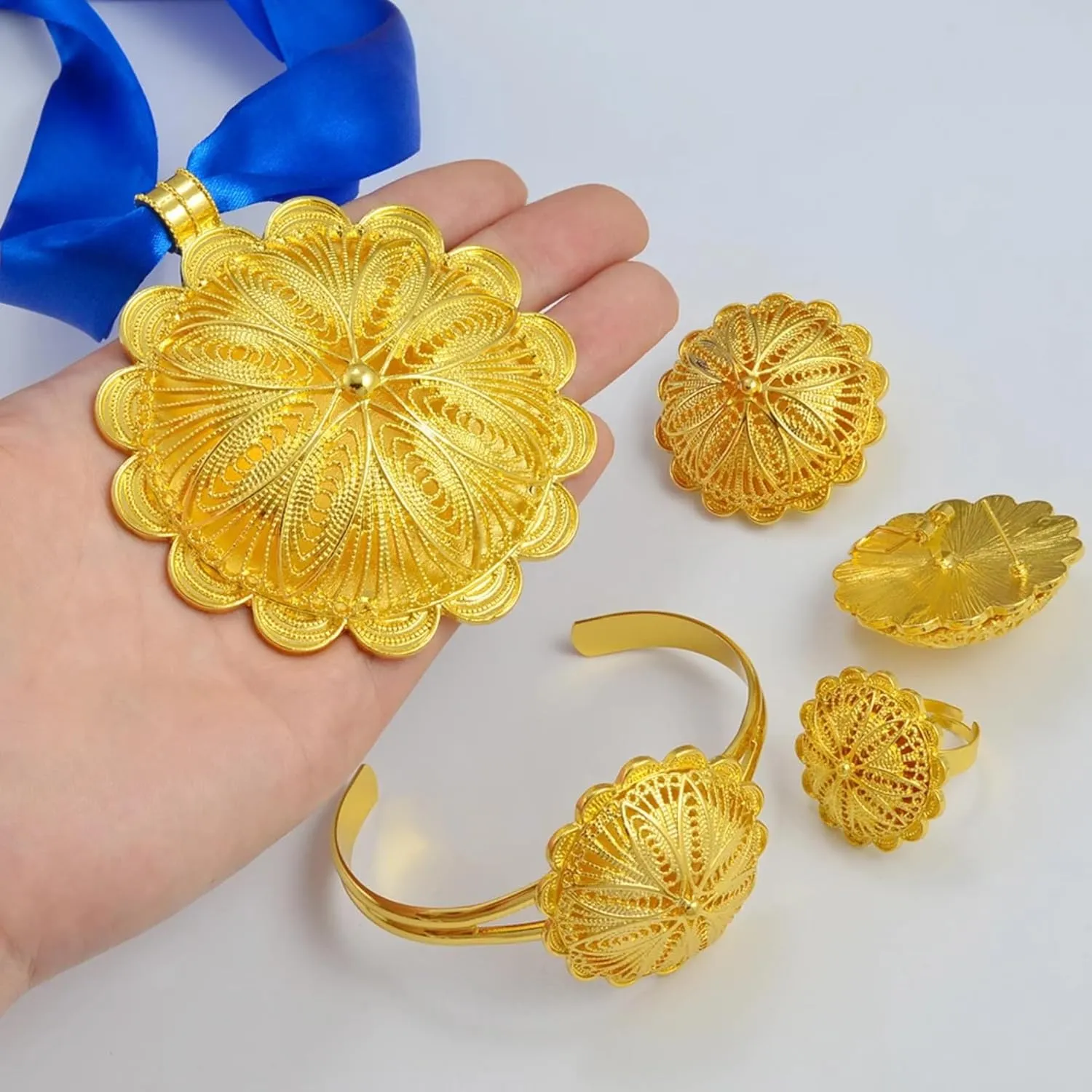 Big Ethiopian Jewelry - Ethiopian Jewelry for Women Set - Big Pendant Necklace Earrings Bracelet Ring African Ethiopian Jewelry Sets Eritrean Traditional Ornaments