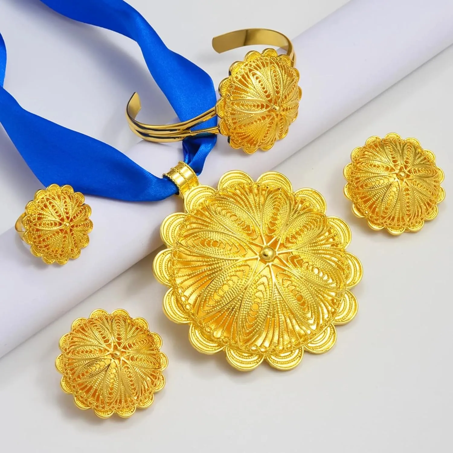 Big Ethiopian Jewelry - Ethiopian Jewelry for Women Set - Big Pendant Necklace Earrings Bracelet Ring African Ethiopian Jewelry Sets Eritrean Traditional Ornaments