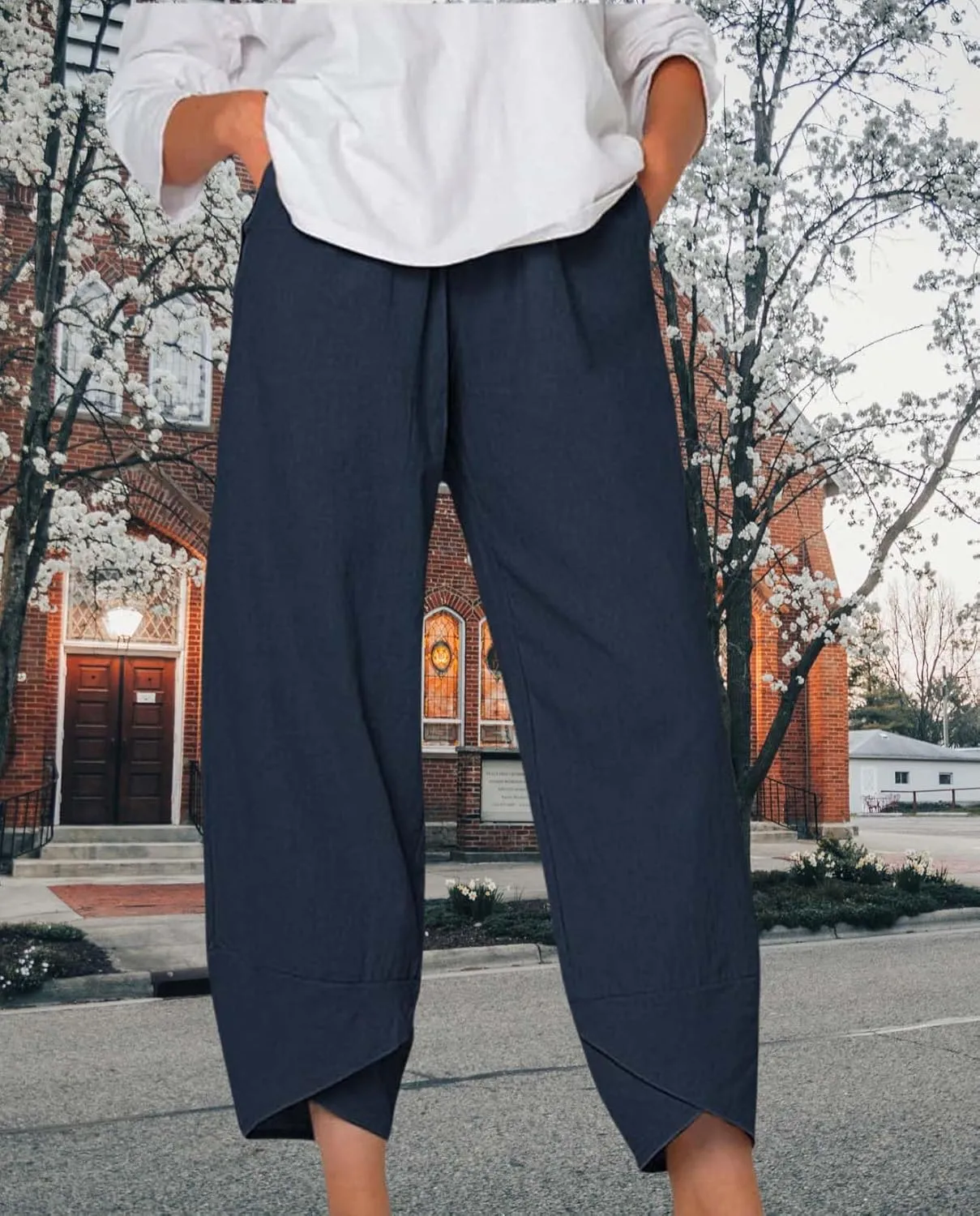Boho Capri Pants for Women Summer High Elastic Waist Wide Leg Trousers Beach Vacation Fashion Pant with Pockets