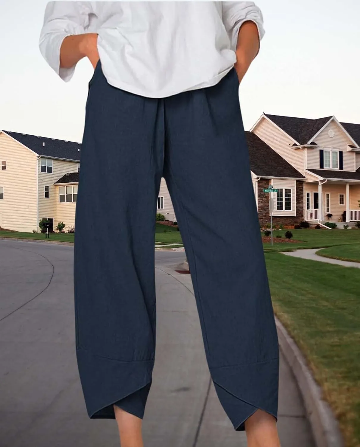Boho Capri Pants for Women Summer High Elastic Waist Wide Leg Trousers Beach Vacation Fashion Pant with Pockets