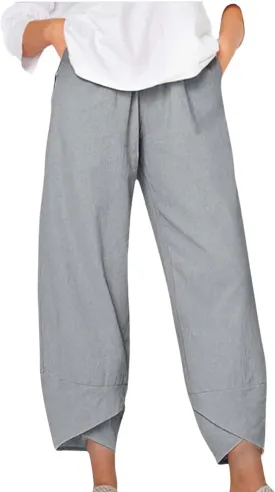 Boho Capri Pants for Women Summer High Elastic Waist Wide Leg Trousers Beach Vacation Fashion Pant with Pockets