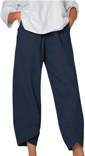 Boho Capri Pants for Women Summer High Elastic Waist Wide Leg Trousers Beach Vacation Fashion Pant with Pockets