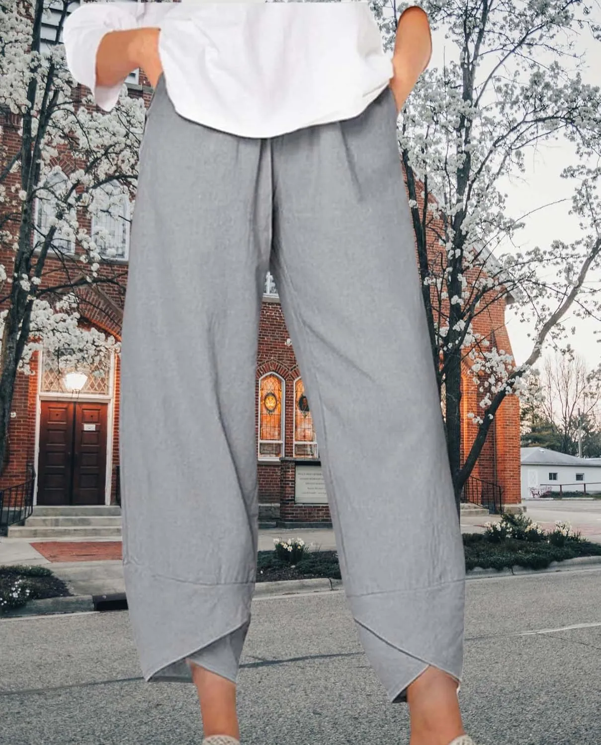 Boho Capri Pants for Women Summer High Elastic Waist Wide Leg Trousers Beach Vacation Fashion Pant with Pockets