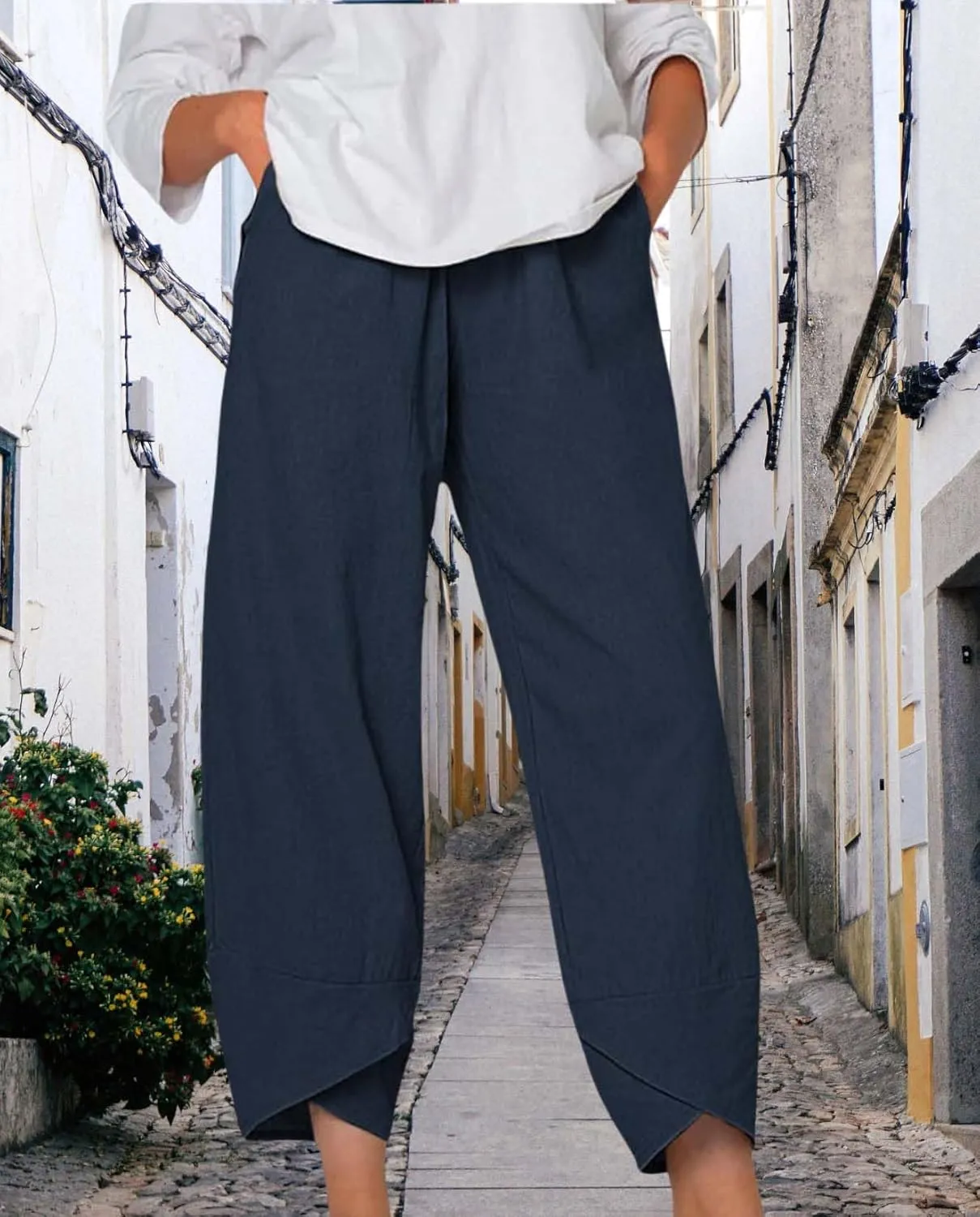 Boho Capri Pants for Women Summer High Elastic Waist Wide Leg Trousers Beach Vacation Fashion Pant with Pockets