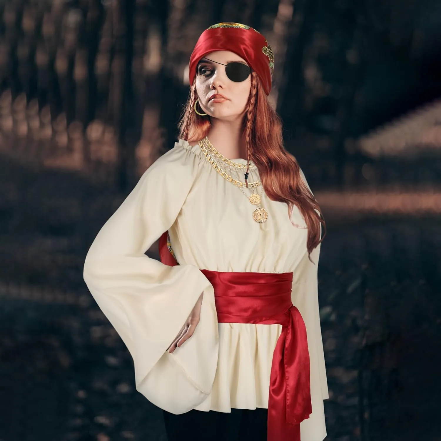 CICOCI Men Pirate Costume Accessories Set for Women: Pirate Hat, Head Scarf, Sash, Belt, Dress Accessories Red