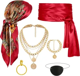 CICOCI Men Pirate Costume Accessories Set for Women: Pirate Hat, Head Scarf, Sash, Belt, Dress Accessories Red