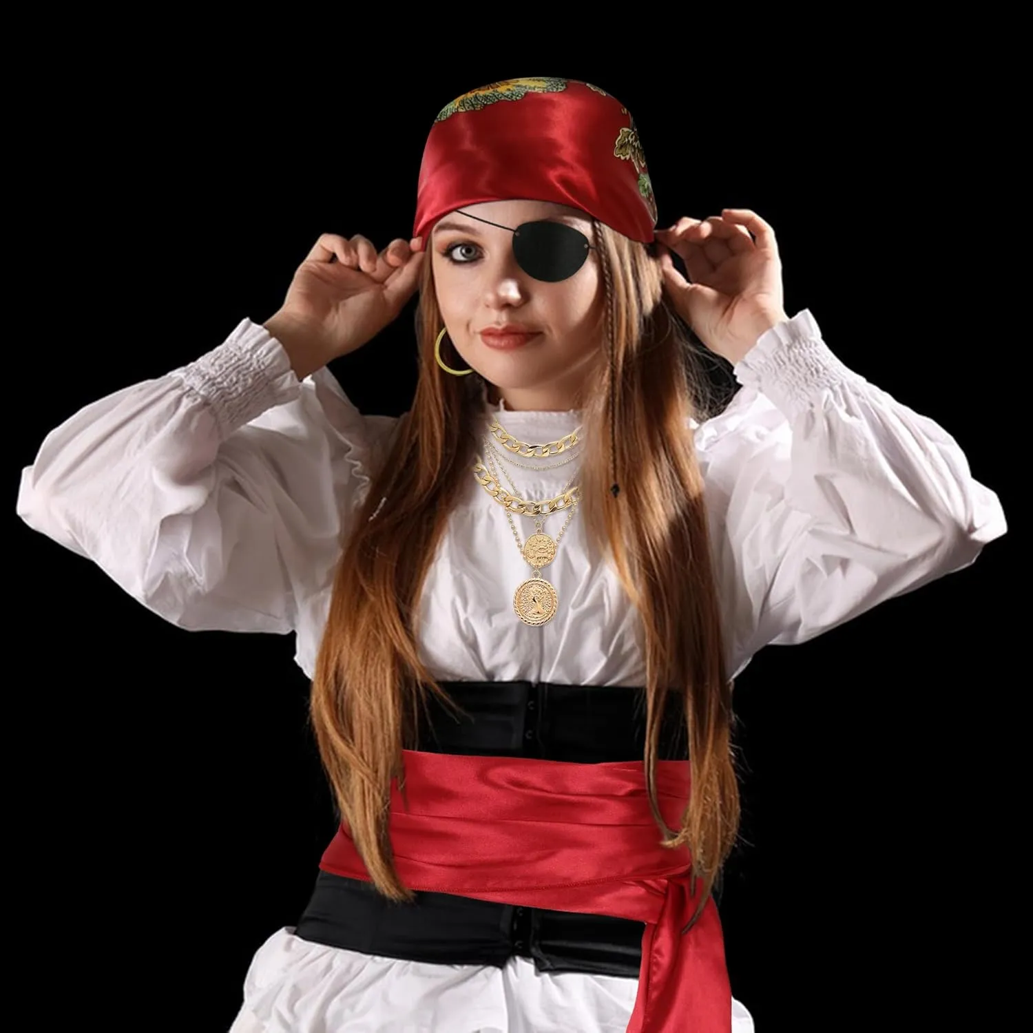 CICOCI Men Pirate Costume Accessories Set for Women: Pirate Hat, Head Scarf, Sash, Belt, Dress Accessories Red