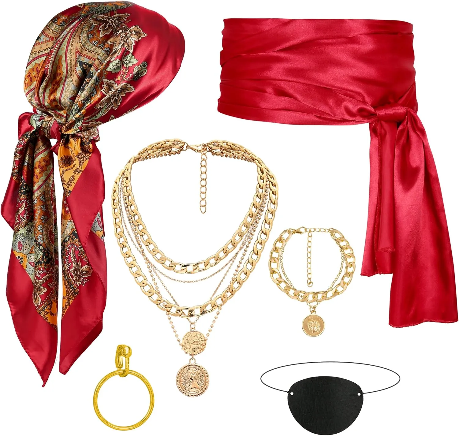 CICOCI Men Pirate Costume Accessories Set for Women: Pirate Hat, Head Scarf, Sash, Belt, Dress Accessories Red