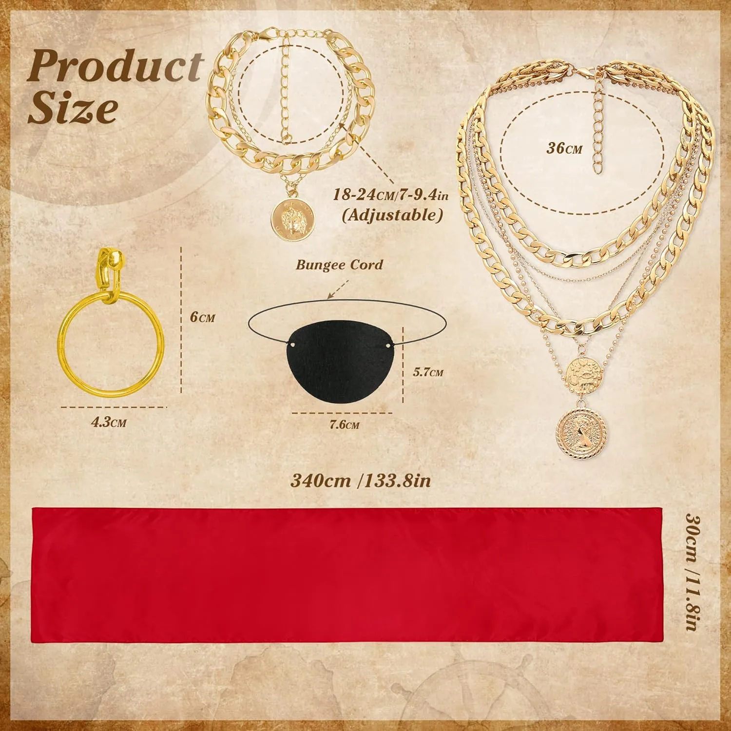 CICOCI Men Pirate Costume Accessories Set for Women: Pirate Hat, Head Scarf, Sash, Belt, Dress Accessories Red