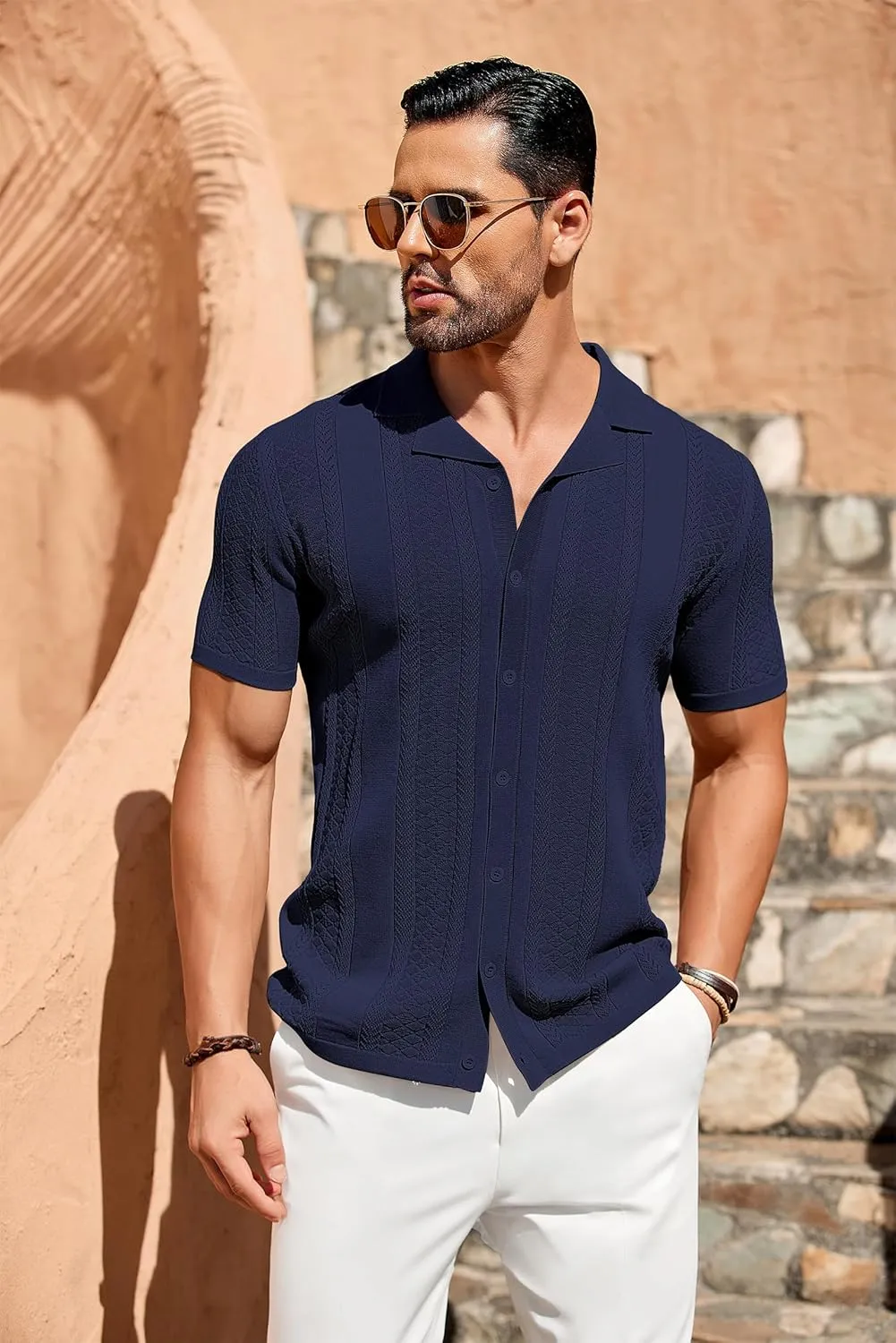 COOFANDY Men's Knit Shirts Vintage Short Sleeve Button Down Shirt Casual Summer Beach Shirt
