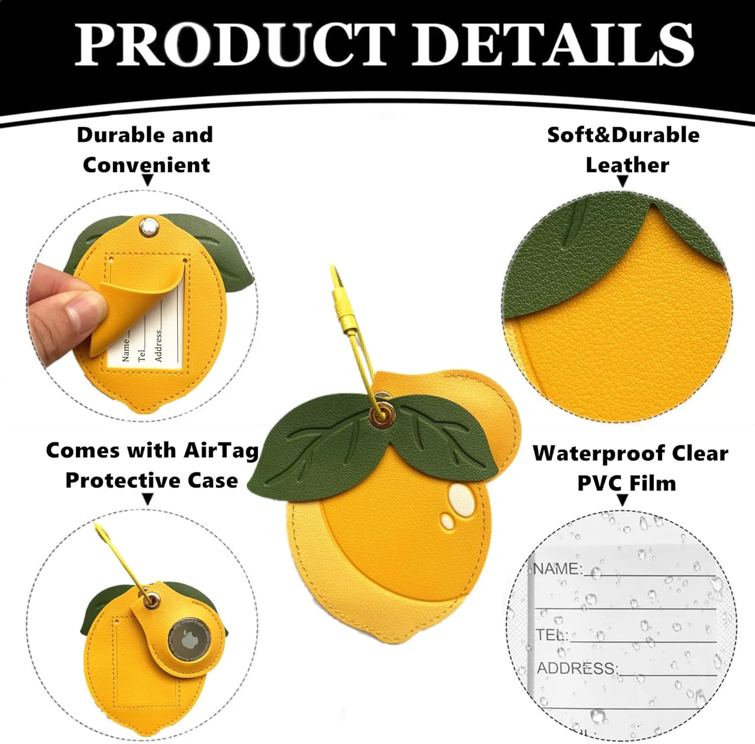 Cute Leather Luggage Tag Holder with Airtag Case Set,Hidden Compartment for AirTag Travel Suitcase Tracking Case with Stainless Steel Loop,Name ID Label(Lemon)