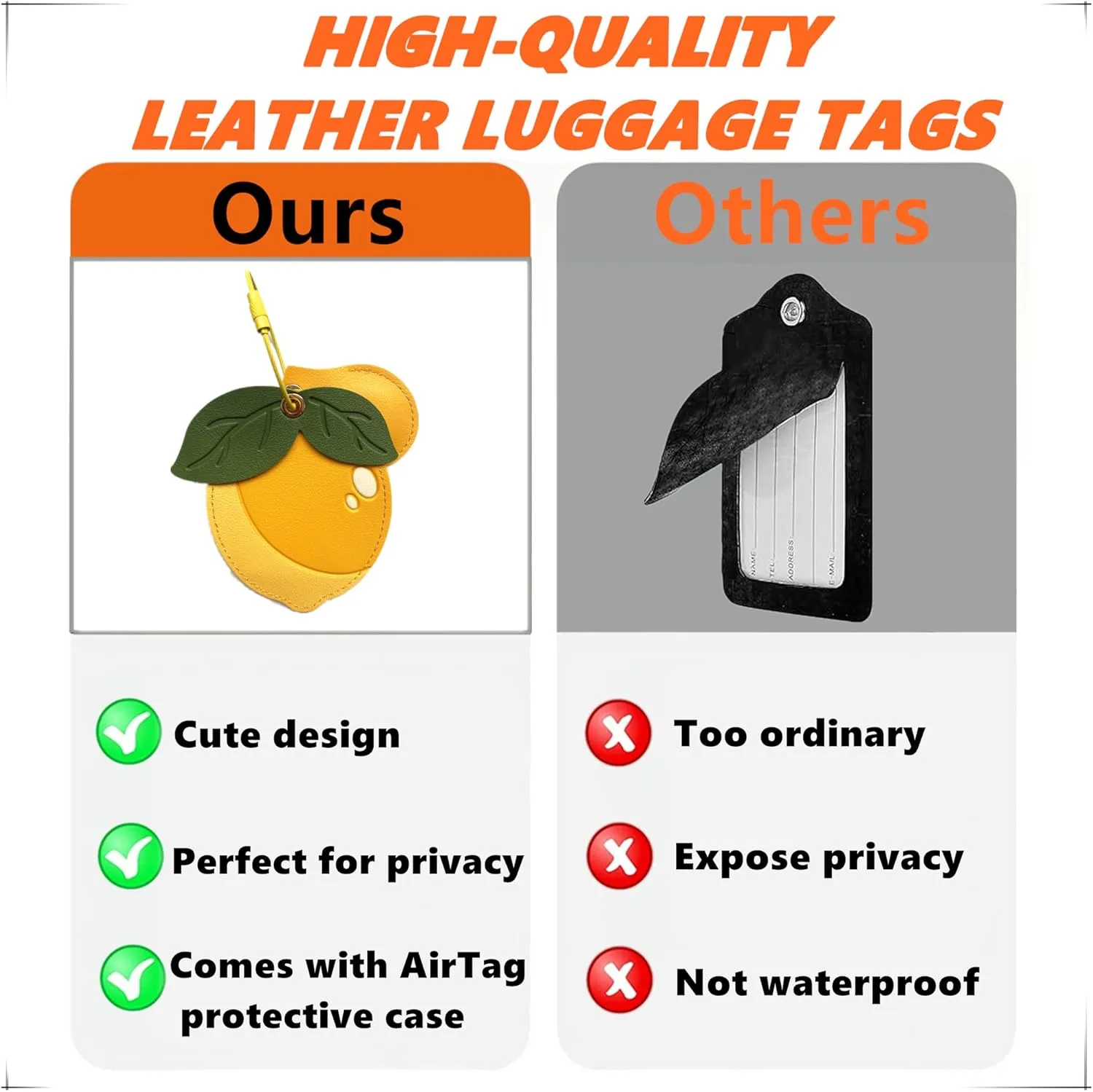 Cute Leather Luggage Tag Holder with Airtag Case Set,Hidden Compartment for AirTag Travel Suitcase Tracking Case with Stainless Steel Loop,Name ID Label(Lemon)