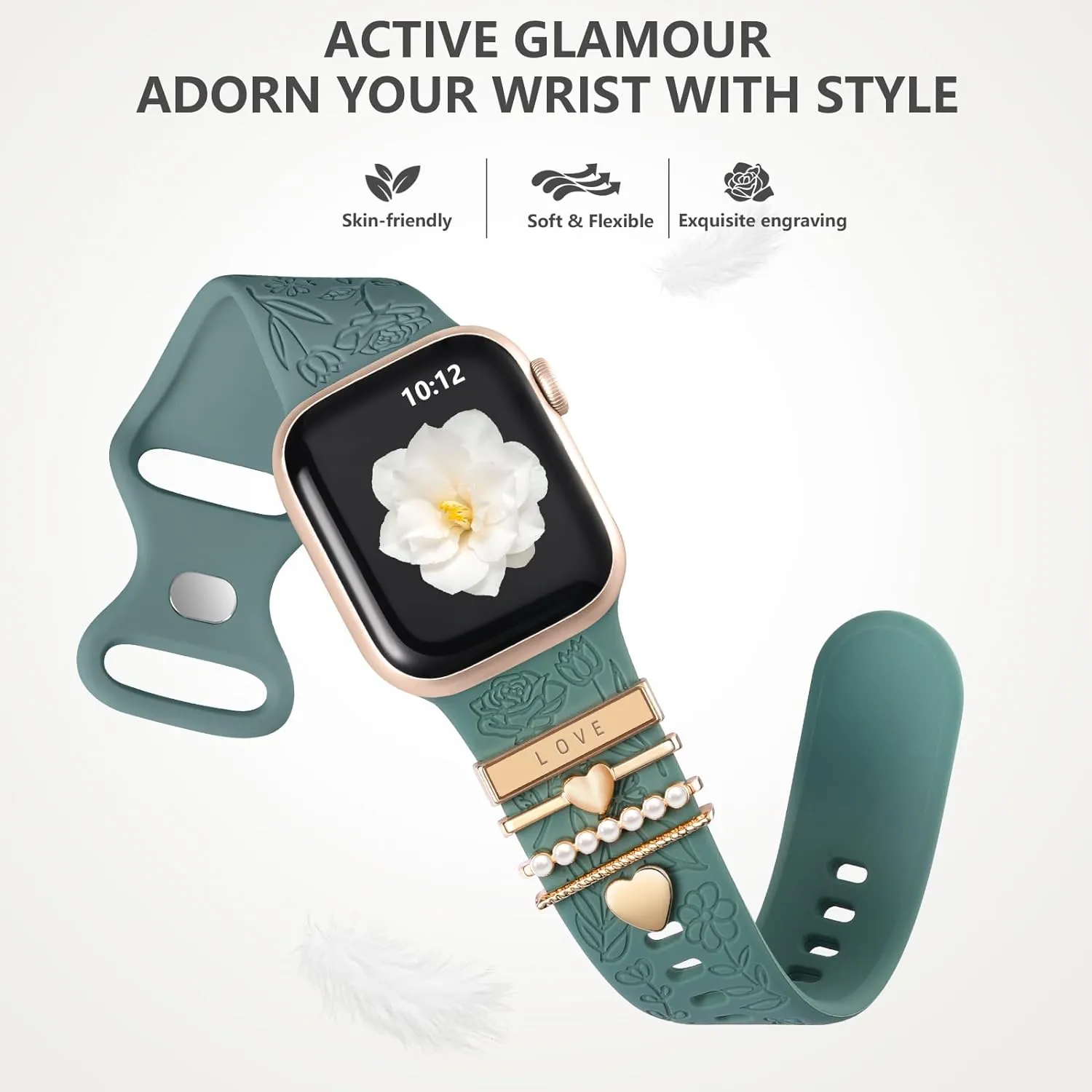 DaQin Flower Engraved Band Compatible with Apple Watch Bands for Women 40mm 38mm 41mm 42mm, Soft Silicone Band With Decorative Apple Watch Charms for iWatch Series 10 9 8 7 6 5 4 3 2 1 SE