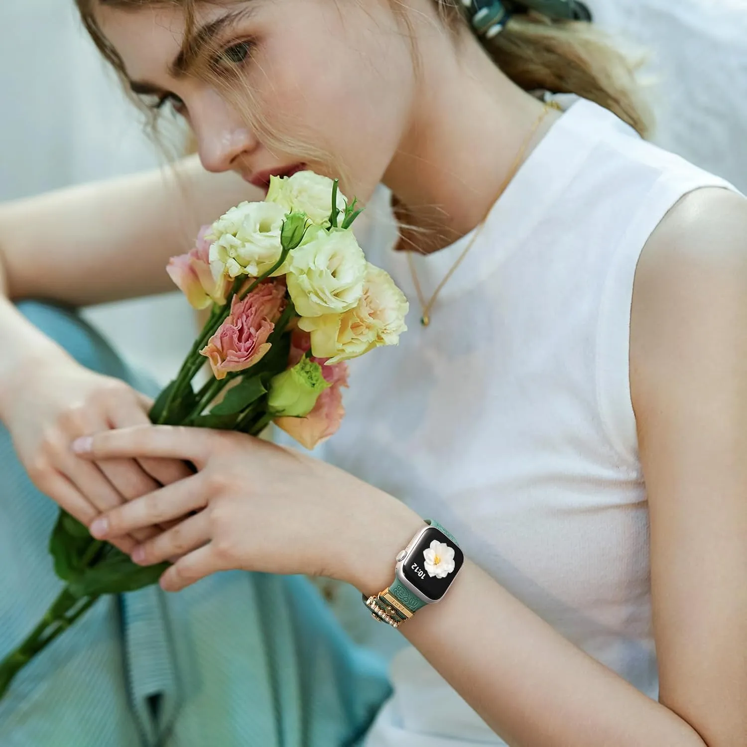 DaQin Flower Engraved Band Compatible with Apple Watch Bands for Women 40mm 38mm 41mm 42mm, Soft Silicone Band With Decorative Apple Watch Charms for iWatch Series 10 9 8 7 6 5 4 3 2 1 SE