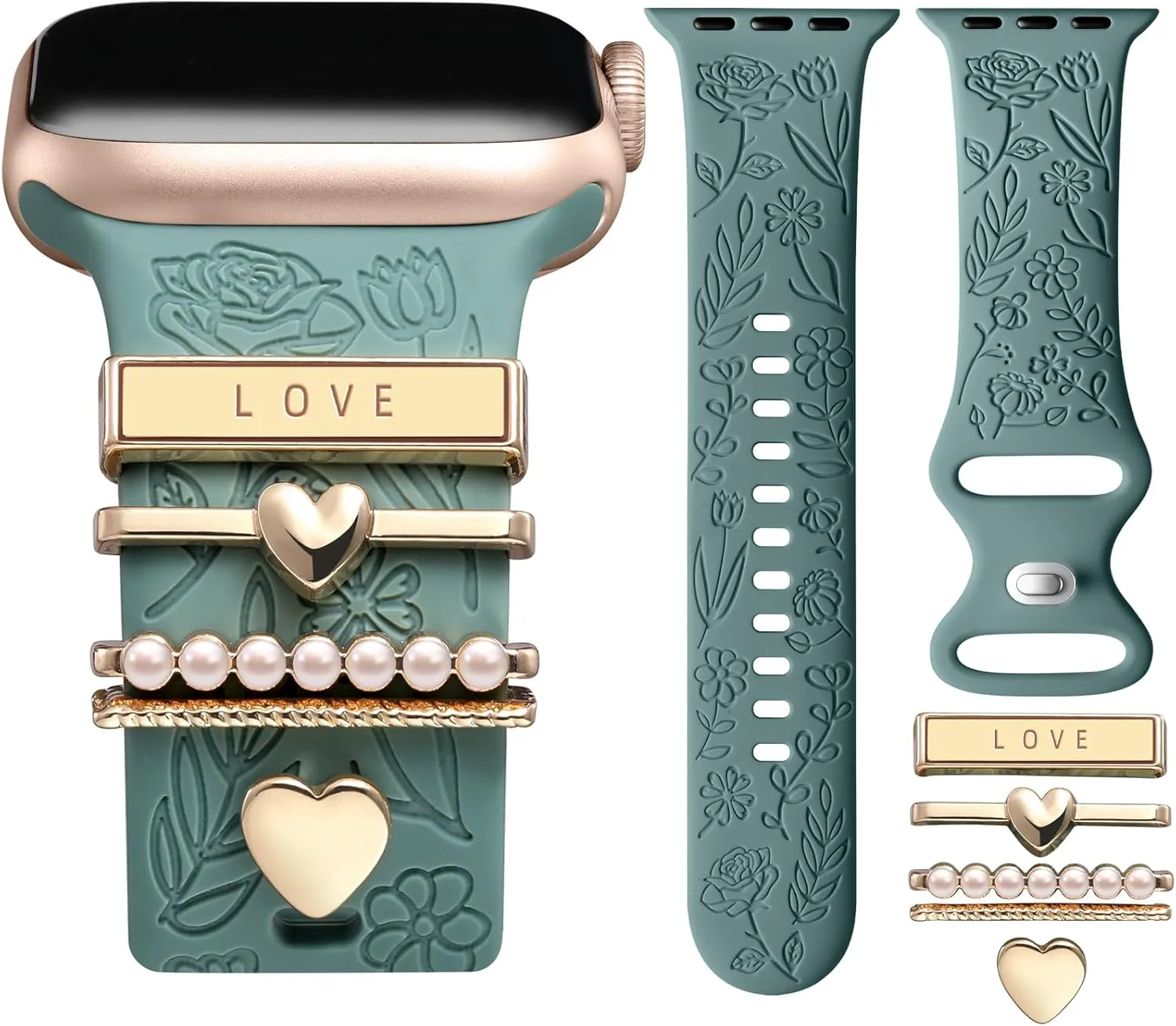 DaQin Flower Engraved Band Compatible with Apple Watch Bands for Women 40mm 38mm 41mm 42mm, Soft Silicone Band With Decorative Apple Watch Charms for iWatch Series 10 9 8 7 6 5 4 3 2 1 SE