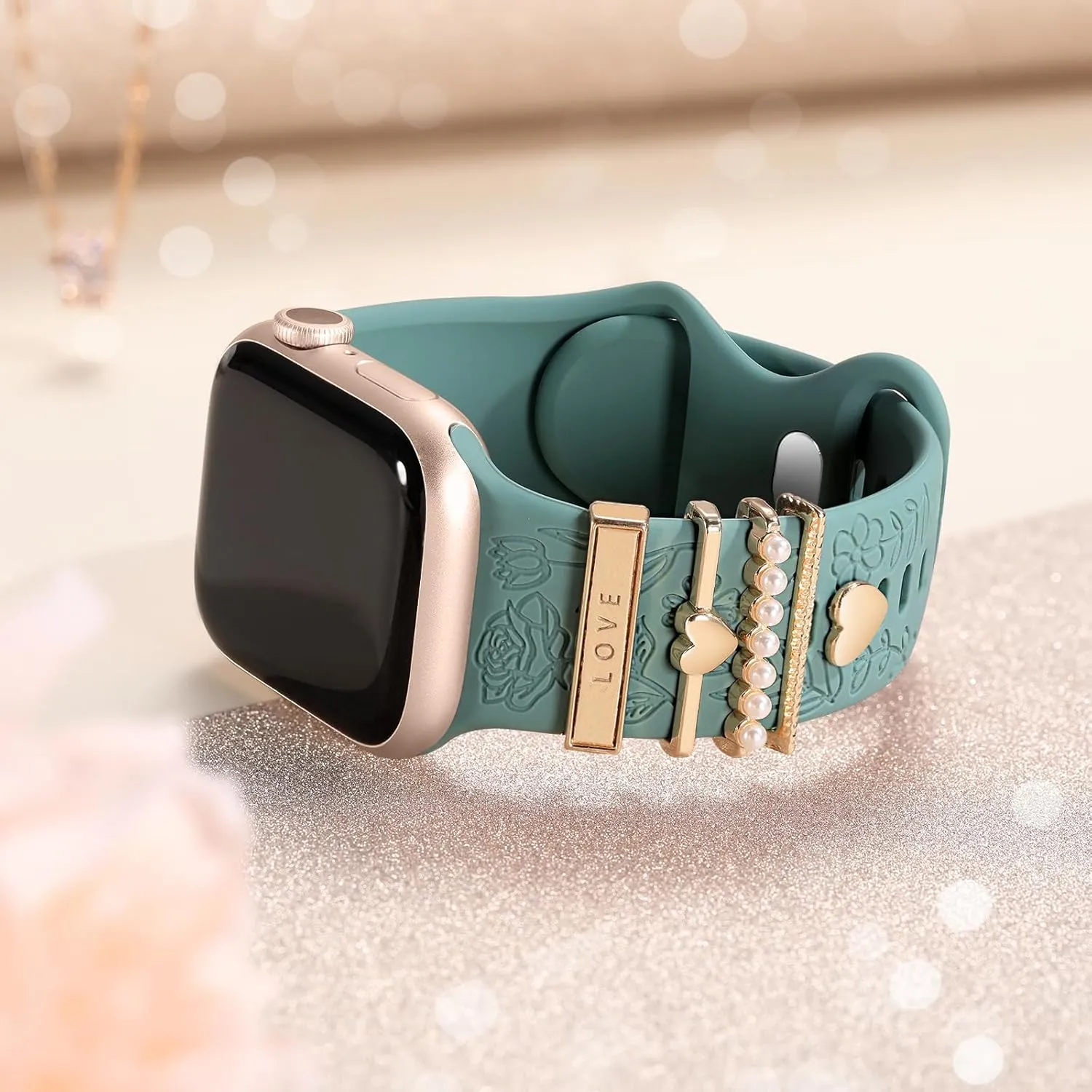 DaQin Flower Engraved Band Compatible with Apple Watch Bands for Women 40mm 38mm 41mm 42mm, Soft Silicone Band With Decorative Apple Watch Charms for iWatch Series 10 9 8 7 6 5 4 3 2 1 SE