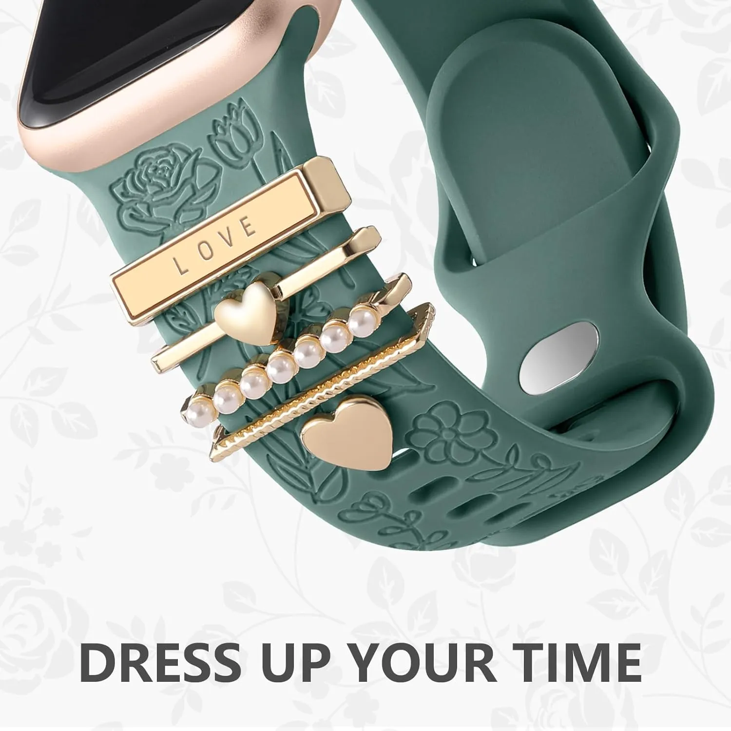 DaQin Flower Engraved Band Compatible with Apple Watch Bands for Women 40mm 38mm 41mm 42mm, Soft Silicone Band With Decorative Apple Watch Charms for iWatch Series 10 9 8 7 6 5 4 3 2 1 SE
