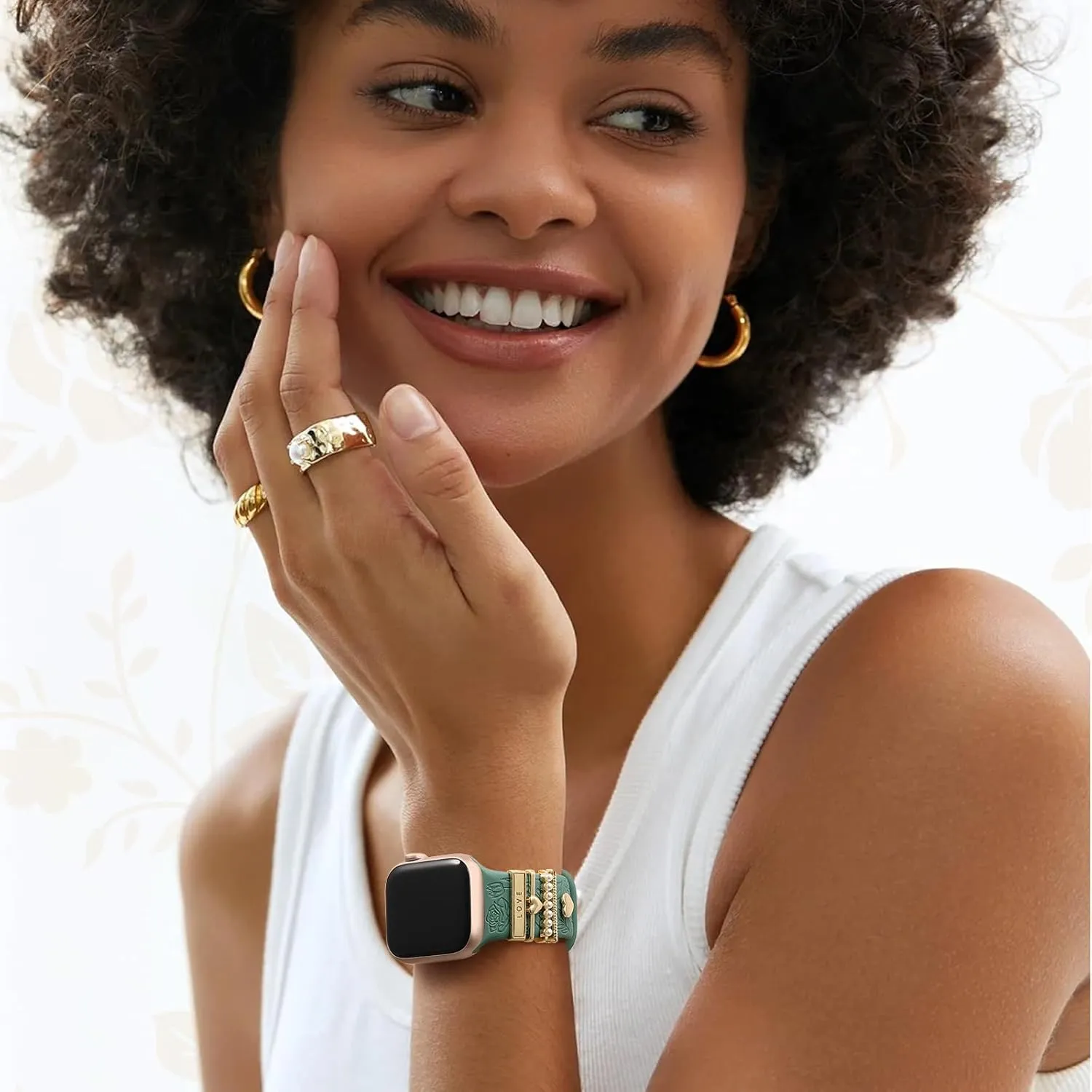 DaQin Flower Engraved Band Compatible with Apple Watch Bands for Women 40mm 38mm 41mm 42mm, Soft Silicone Band With Decorative Apple Watch Charms for iWatch Series 10 9 8 7 6 5 4 3 2 1 SE