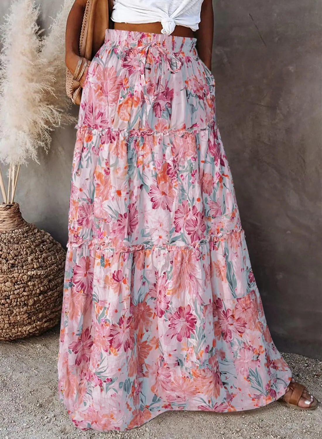 EARKOHA Womens Casual High Waist Tie Paisley Print Long Maxi Skirt with Pockets
