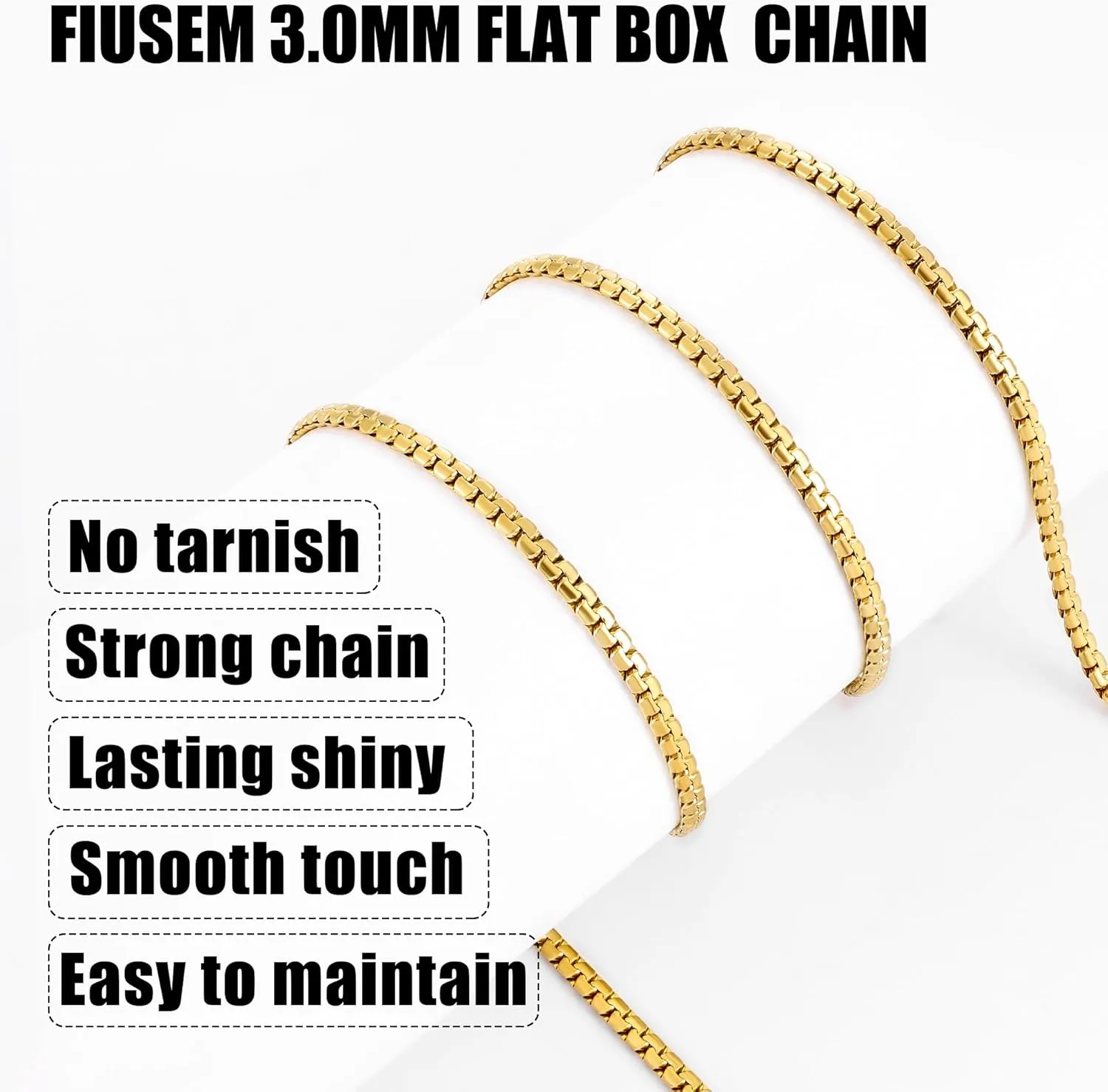 Fiusem Flat Box Chains for Men, 14k Gold Plated Stainless Steel Chain Necklace, 3/5mm Necklaces for Men and Women 16-28 Inch