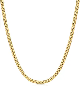 Fiusem Flat Box Chains for Men, 14k Gold Plated Stainless Steel Chain Necklace, 3/5mm Necklaces for Men and Women 16-28 Inch