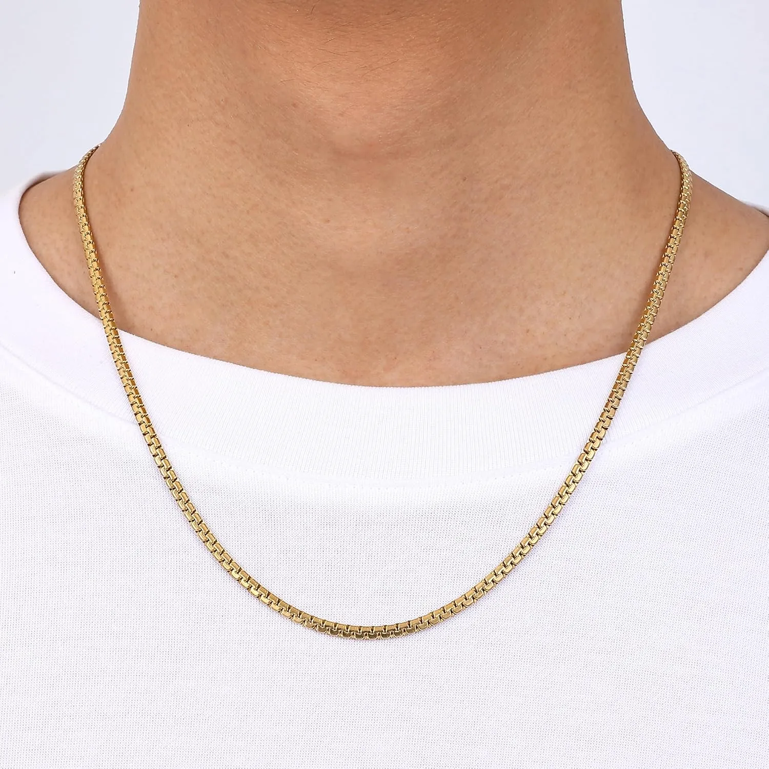Fiusem Flat Box Chains for Men, 14k Gold Plated Stainless Steel Chain Necklace, 3/5mm Necklaces for Men and Women 16-28 Inch