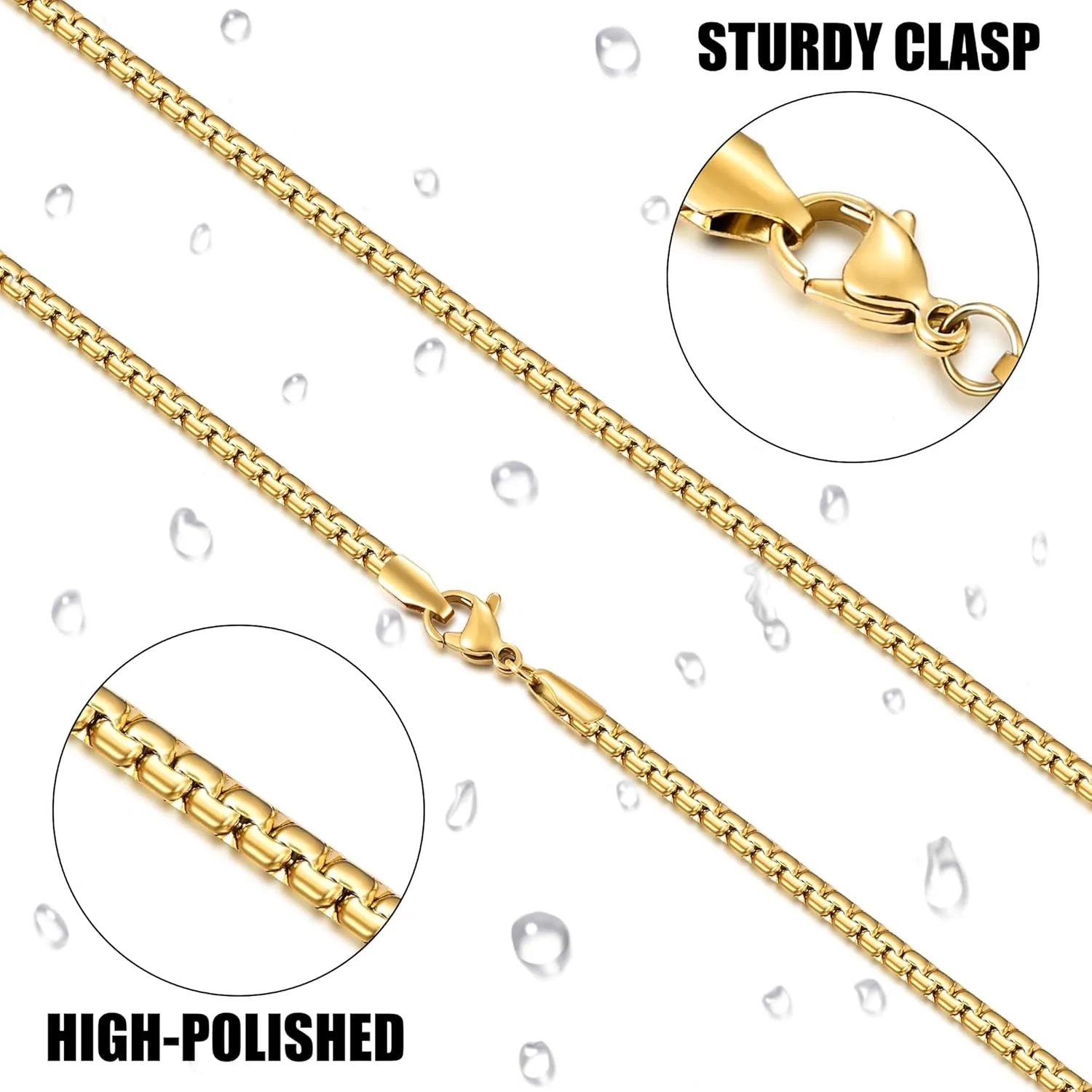 Fiusem Flat Box Chains for Men, 14k Gold Plated Stainless Steel Chain Necklace, 3/5mm Necklaces for Men and Women 16-28 Inch