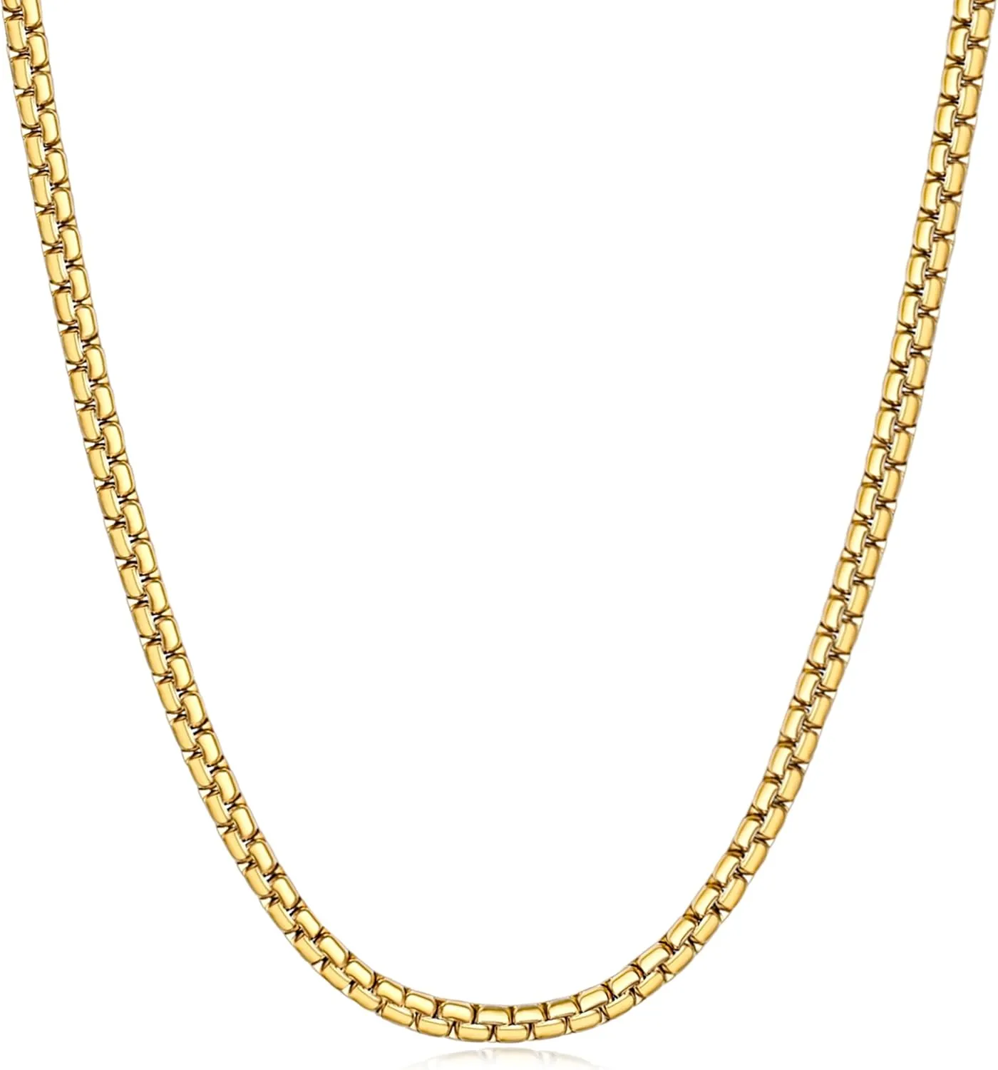 Fiusem Flat Box Chains for Men, 14k Gold Plated Stainless Steel Chain Necklace, 3/5mm Necklaces for Men and Women 16-28 Inch