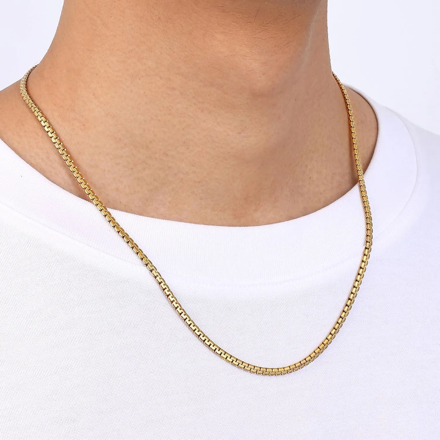 Fiusem Flat Box Chains for Men, 14k Gold Plated Stainless Steel Chain Necklace, 3/5mm Necklaces for Men and Women 16-28 Inch