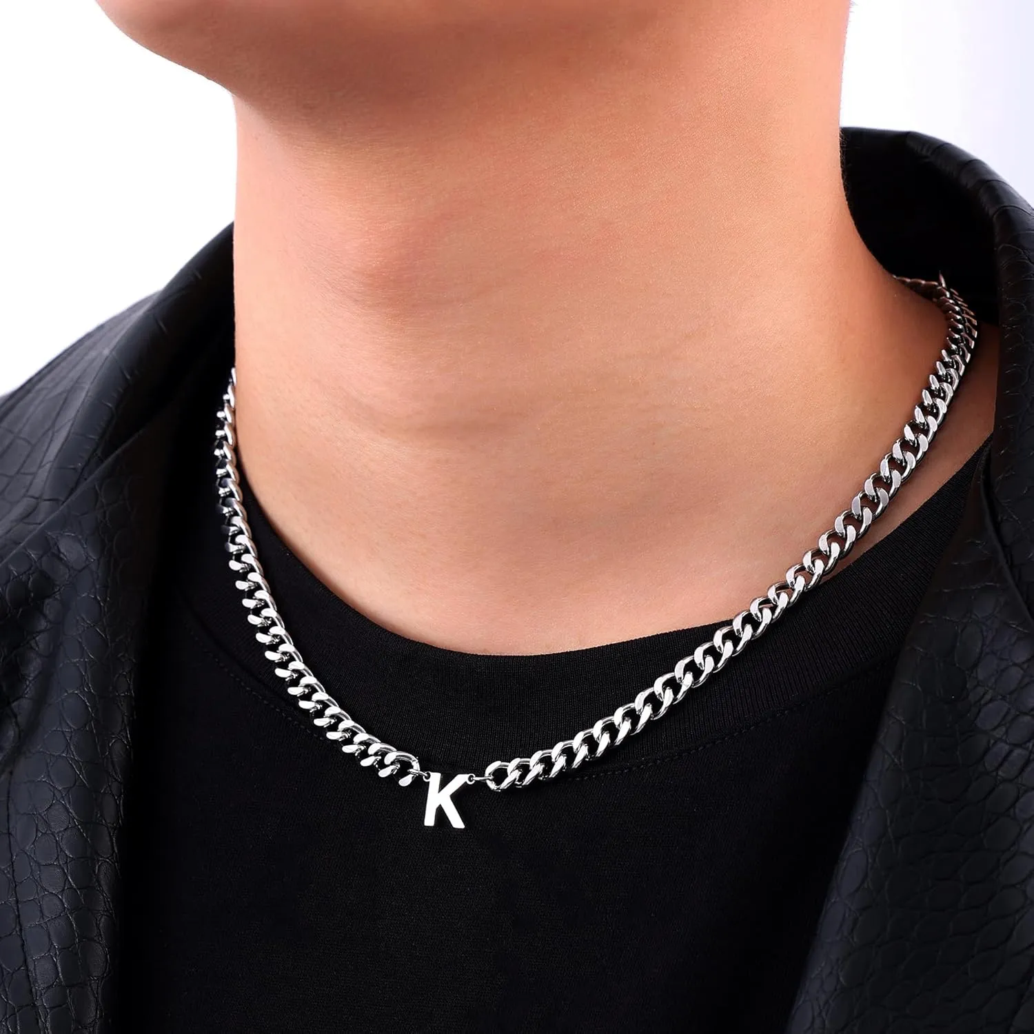 Fiusem Initial Necklace for Men, Silver Tone Cuban Link Chain for Men with Small A-Z Letter Necklace Pendant