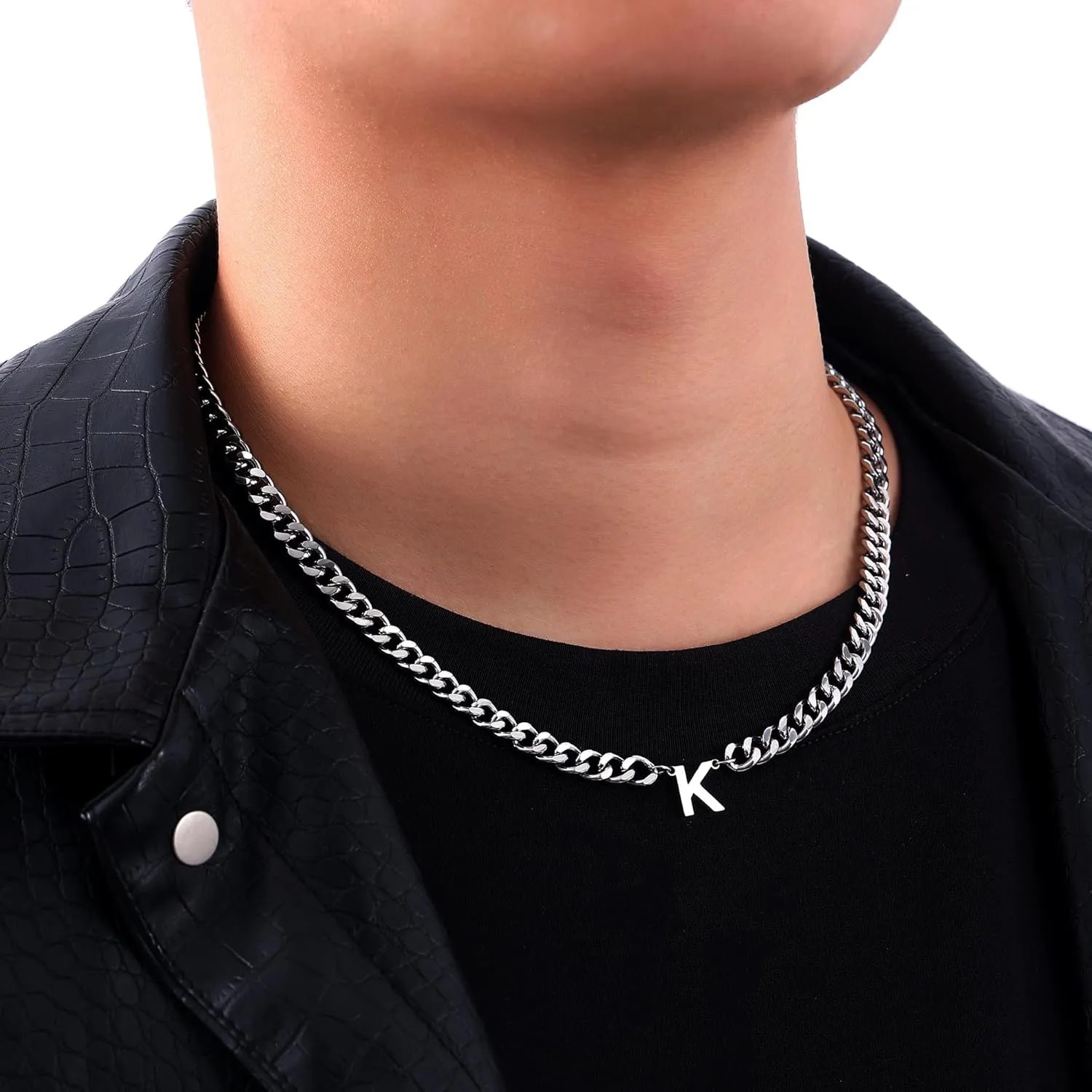 Fiusem Initial Necklace for Men, Silver Tone Cuban Link Chain for Men with Small A-Z Letter Necklace Pendant