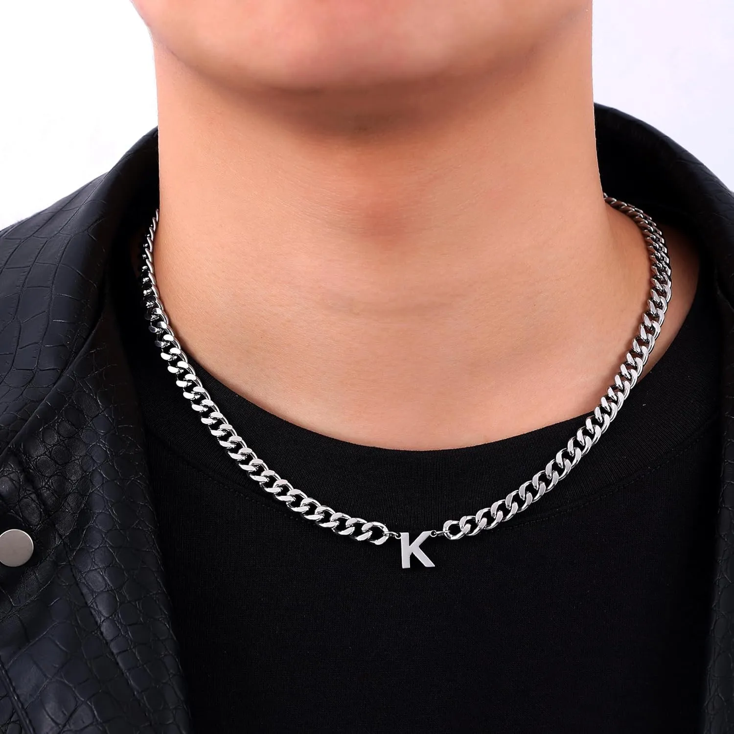 Fiusem Initial Necklace for Men, Silver Tone Cuban Link Chain for Men with Small A-Z Letter Necklace Pendant