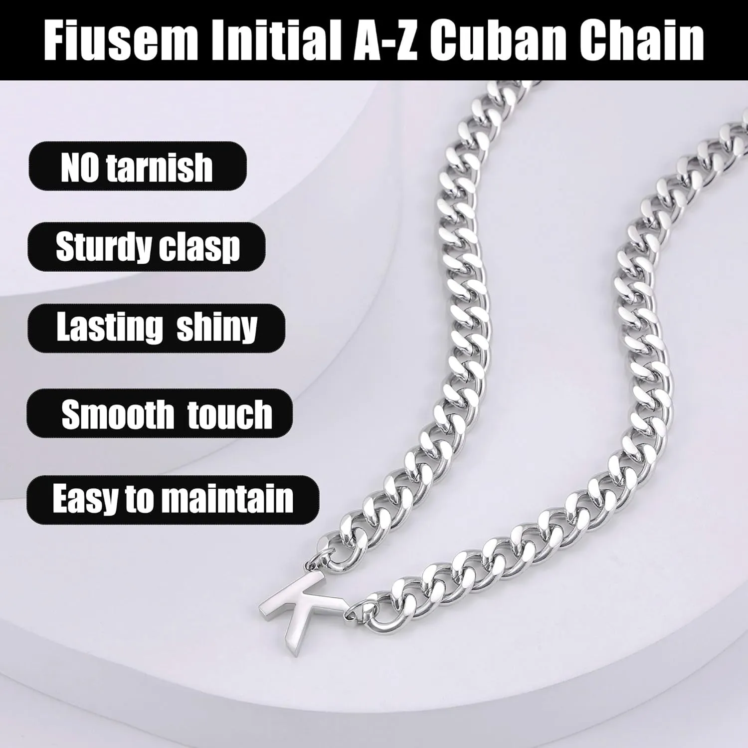Fiusem Initial Necklace for Men, Silver Tone Cuban Link Chain for Men with Small A-Z Letter Necklace Pendant