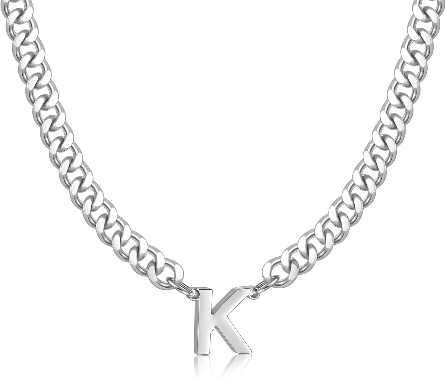 Fiusem Initial Necklace for Men, Silver Tone Cuban Link Chain for Men with Small A-Z Letter Necklace Pendant