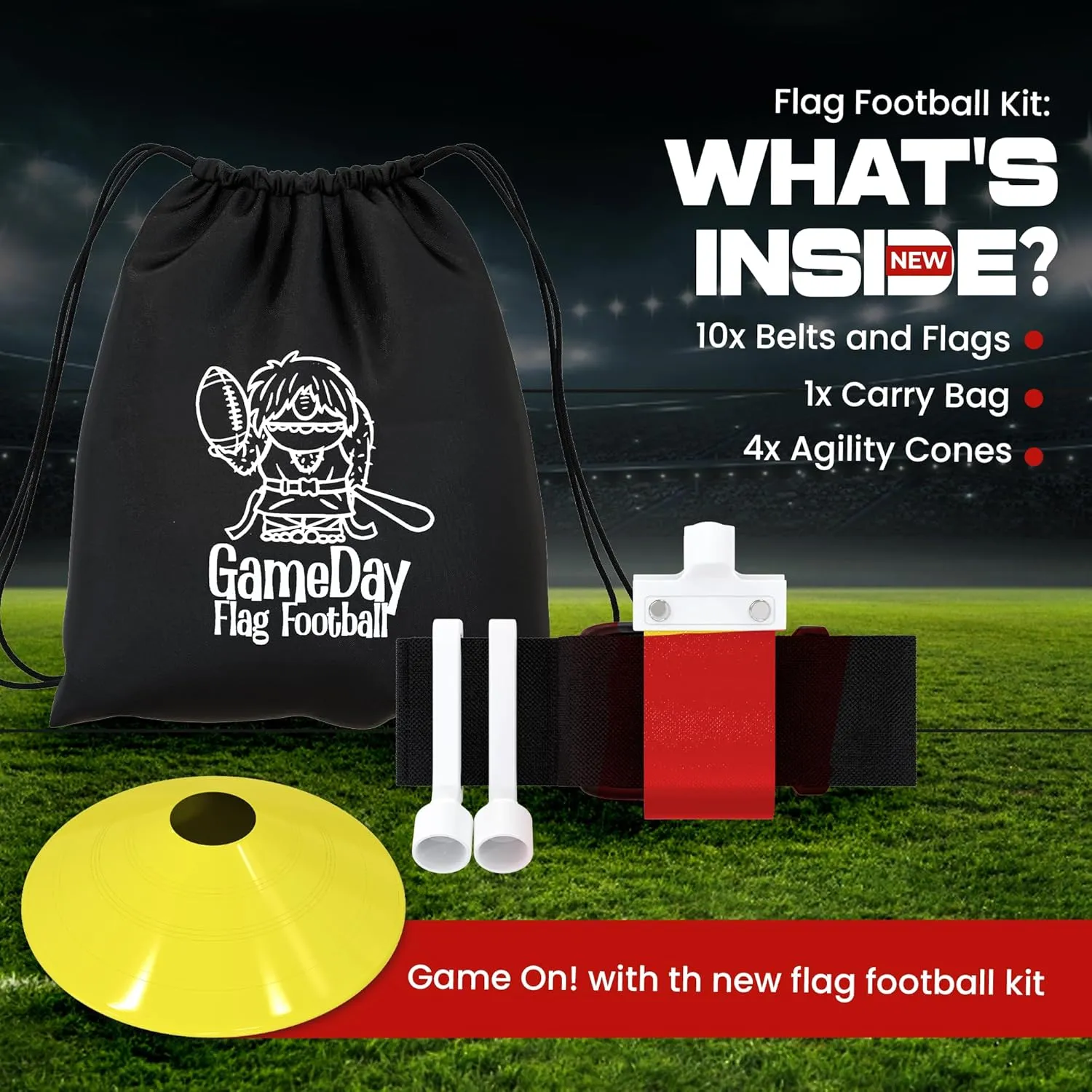 Gameday- Flag Football Set-Complete (10 Player) Flag Belts and Flags Set, (4 Pcs) Agility Cones w/Carry bag