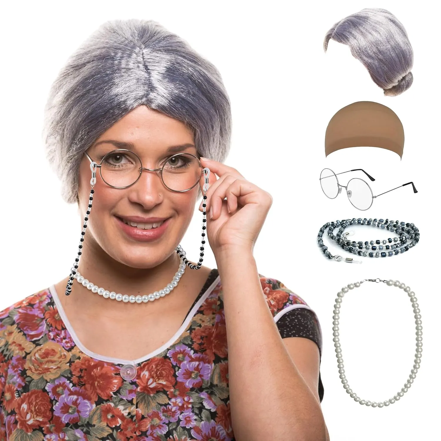 Gray Bun Grandma Wig,Old Lady Costume Set,Granny Costume Wig with Wig Cap,Glasses, Glasses Chain and Pearl Necklace, 5 Piece Set,Perfect for 100 Days of School Costume