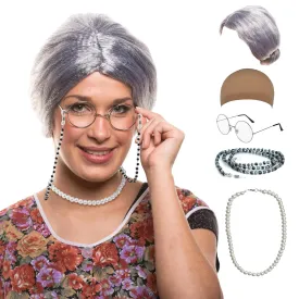 Gray Bun Grandma Wig,Old Lady Costume Set,Granny Costume Wig with Wig Cap,Glasses, Glasses Chain and Pearl Necklace, 5 Piece Set,Perfect for 100 Days of School Costume