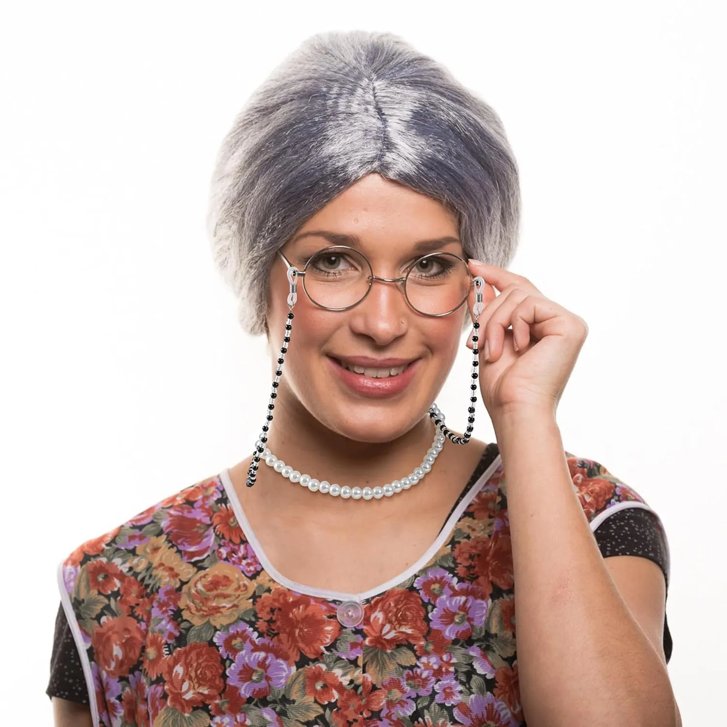 Gray Bun Grandma Wig,Old Lady Costume Set,Granny Costume Wig with Wig Cap,Glasses, Glasses Chain and Pearl Necklace, 5 Piece Set,Perfect for 100 Days of School Costume