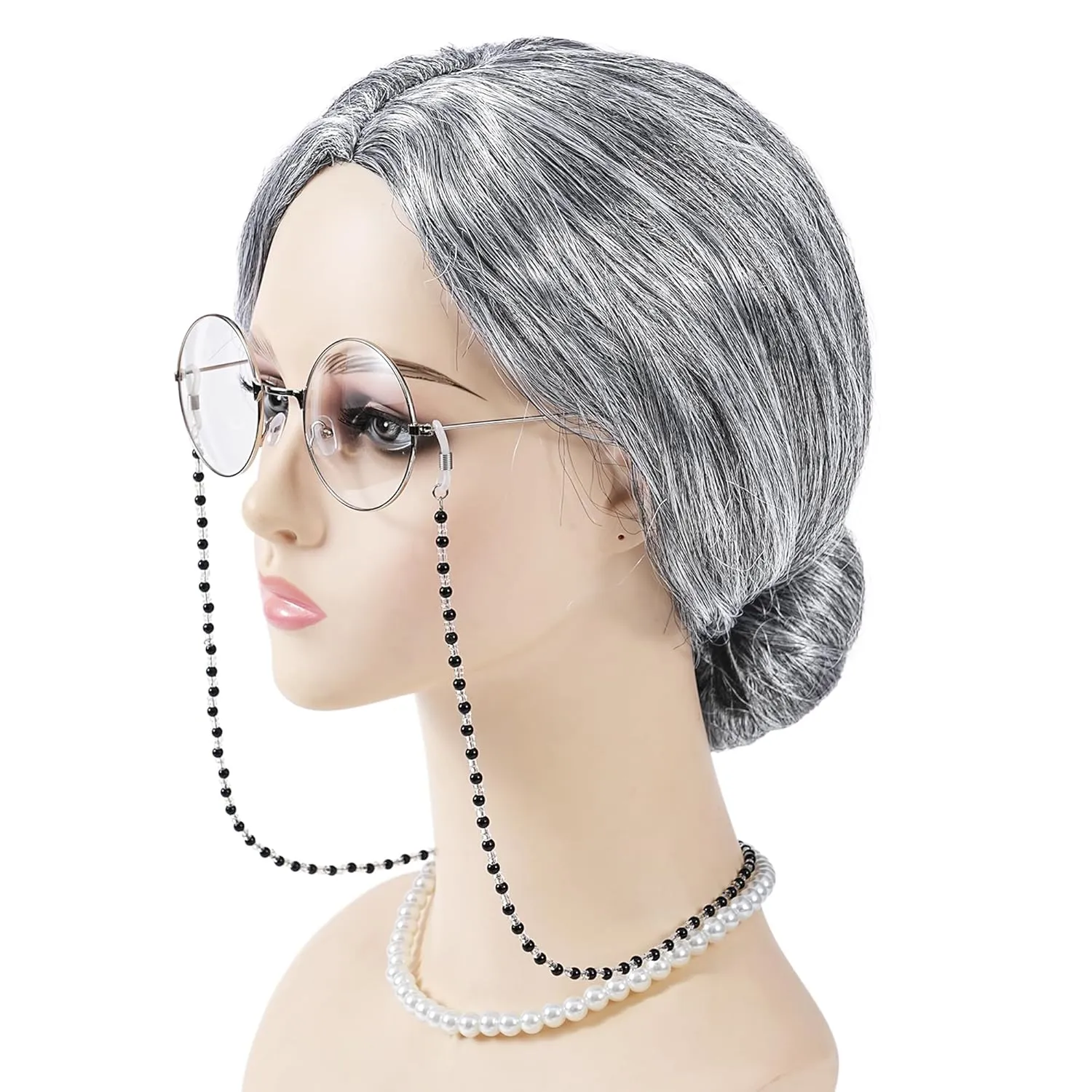 Gray Bun Grandma Wig,Old Lady Costume Set,Granny Costume Wig with Wig Cap,Glasses, Glasses Chain and Pearl Necklace, 5 Piece Set,Perfect for 100 Days of School Costume